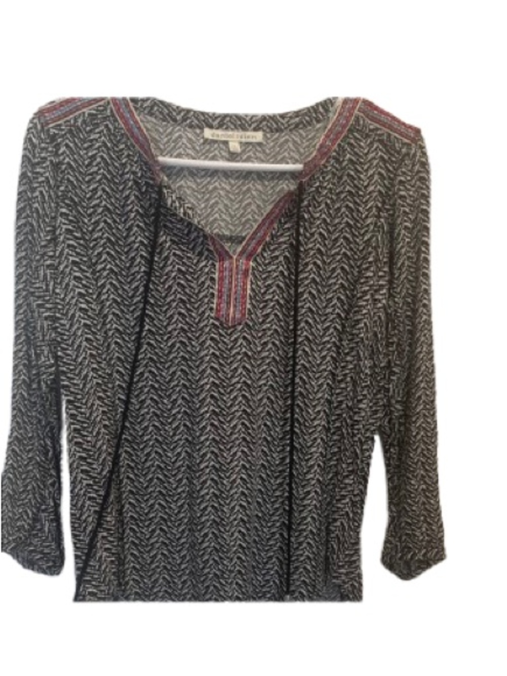 Daniel Rainn Black & White Chevron Embroidered Boho Tunic Tassel Tie Size Small